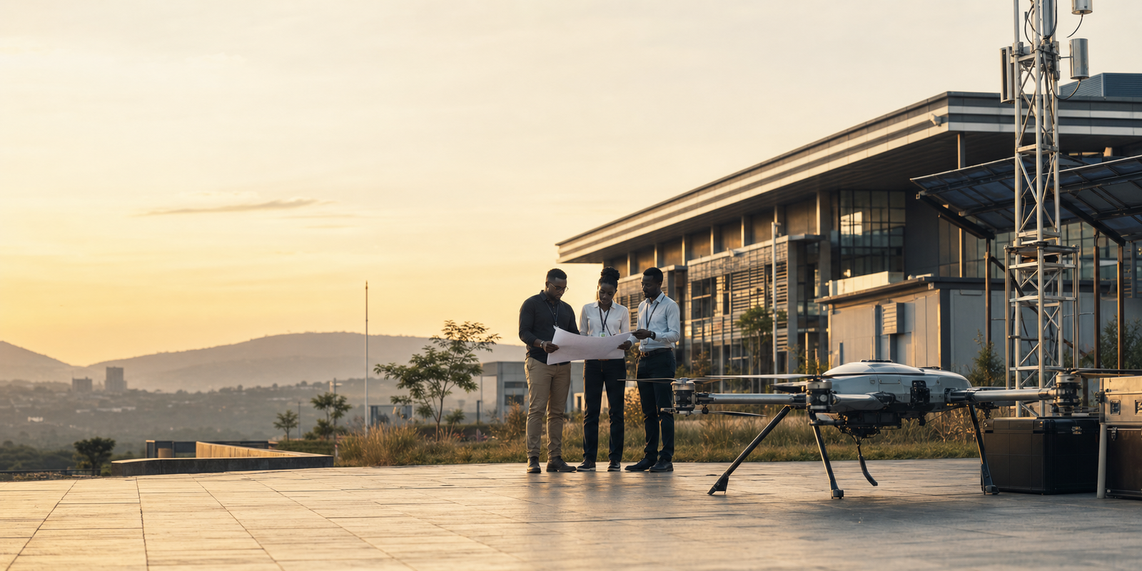 African engineers reviewing plans beside an autonomous aircraft system on a technology campus