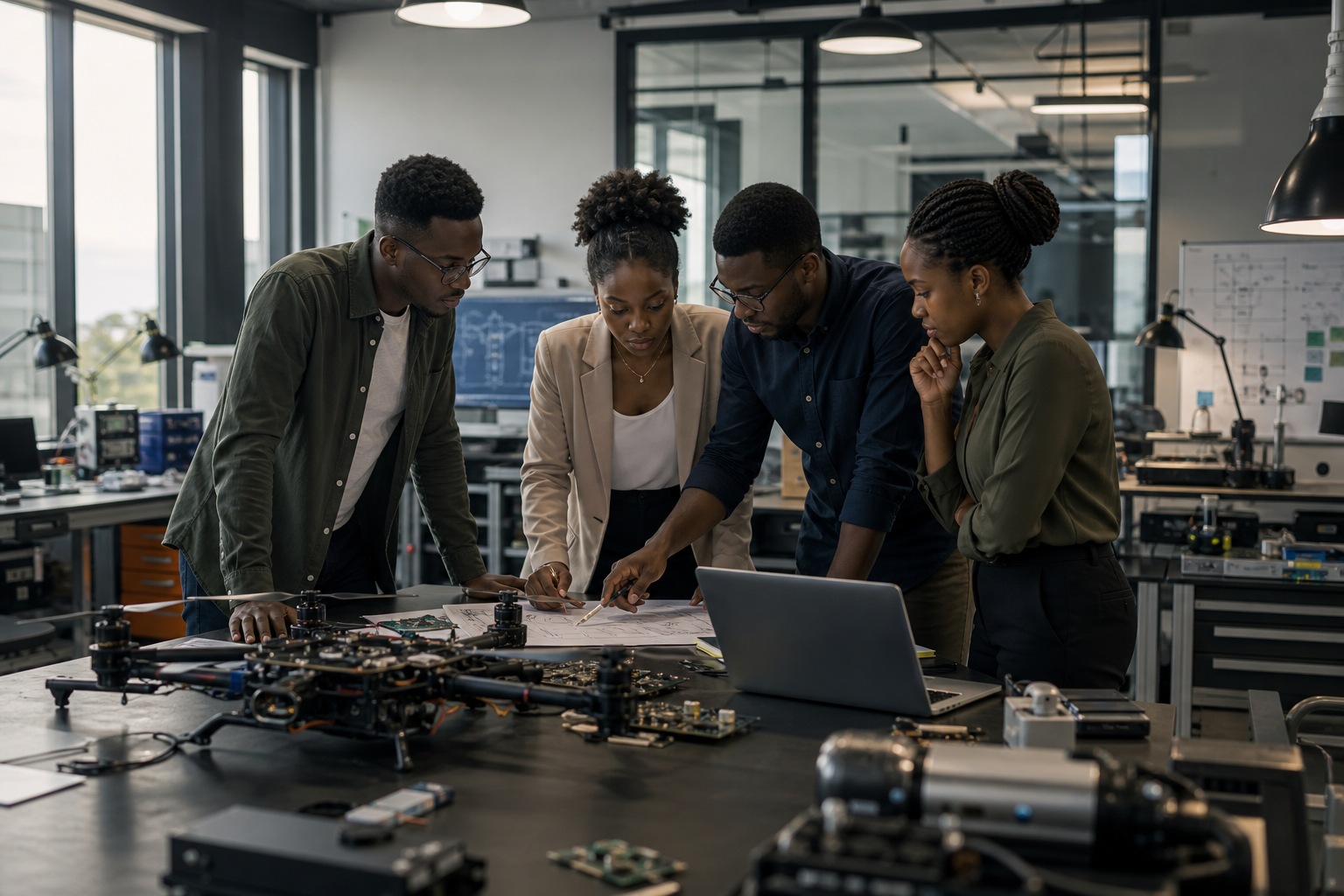 African engineering team reviewing robotics and AI prototypes in a lab setting